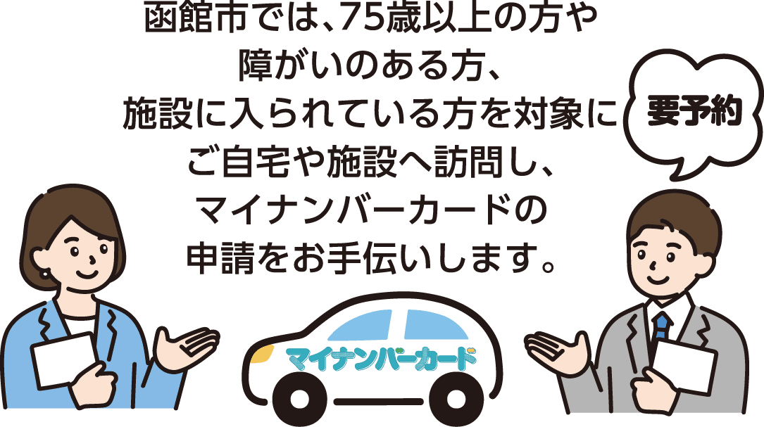 函館市では、75歳以上の方や障がいのある方、施設に入られている方を対象にご自宅や施設へ訪問し、マイナンバーカードの申請をお手伝いします。【要予約】